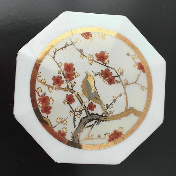 VTG Singing Bird Octagonal Trinket Jewelry Box Ceramic White Gold Red Japan - Picture 3 of 6